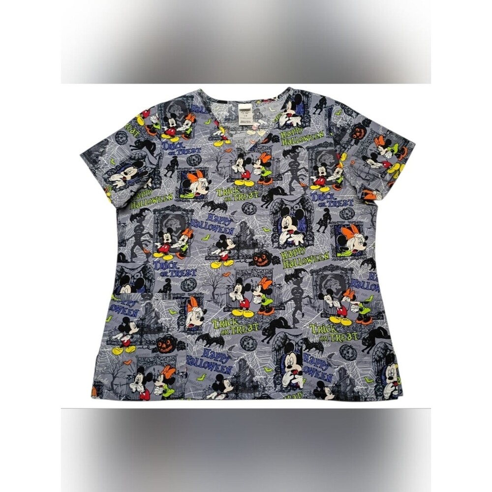 Disney Scrub Top Halloween Mickey Mouse Woman Sz L 100% Cotton Pockets